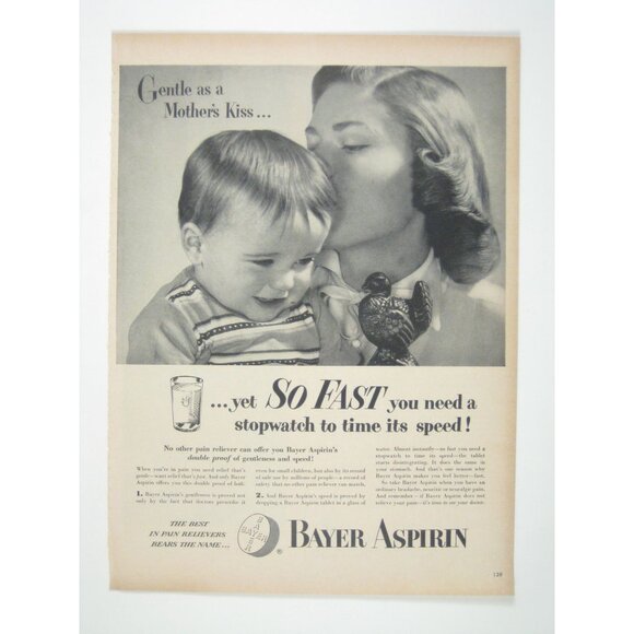 Vintage 1950s Bayer Aspirin Ad Gentle As A Mothers Kiss Print AD Mom Child - Picture 1 of 2